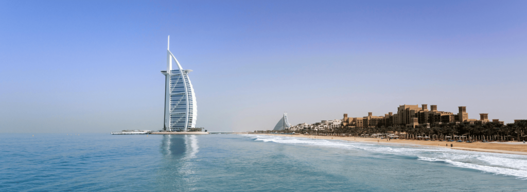The Burj Al Arab stands majestically in Dubai, United Arab Emirates, known for its distinctive sail shape and luxurious design.